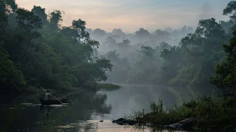 Early-morning mist drifting over the riverside sanctuary forest at dawn, Thattekad Bird Sanctuary, India