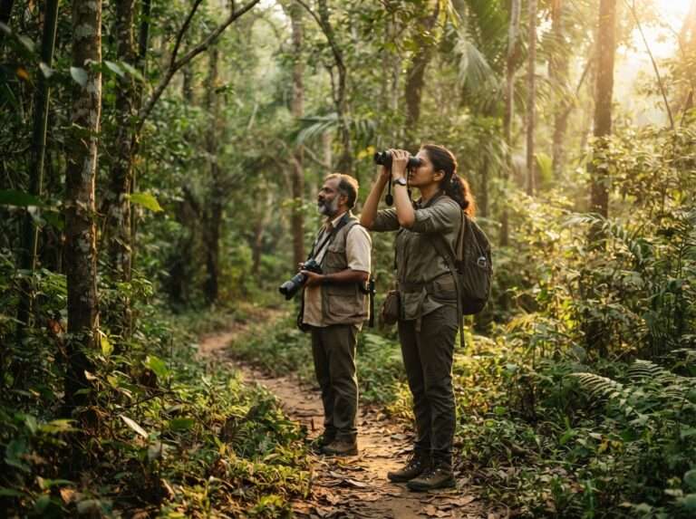 A birdwatcher with binoculars on the early-morning guided forest trail, Thattekad Bird Sanctuary, India