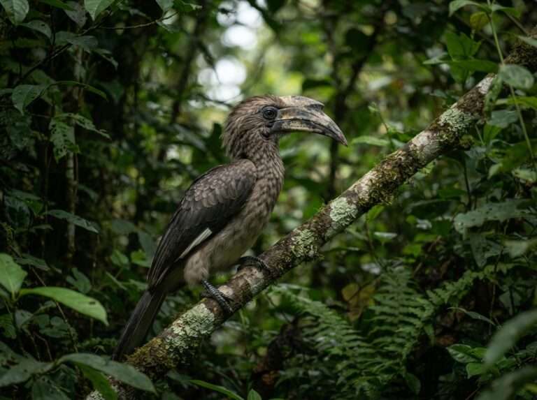 A Malabar grey hornbill perched on a branch in the dense sanctuary forest canopy, Thattekad Bird Sanctuary, India