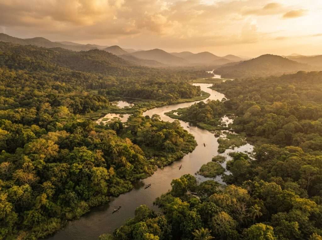 Aerial view of Thattekad Bird Sanctuary, India, at golden hour