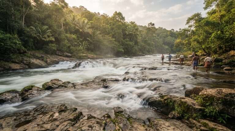 Soft afternoon light on the rushing rapids with a long-exposure silk-water effect, Paniyeli Poru, India