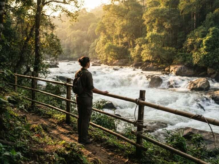 A visitor on a shaded trekking path watching the rapids from behind the bank barrier, Paniyeli Poru, India
