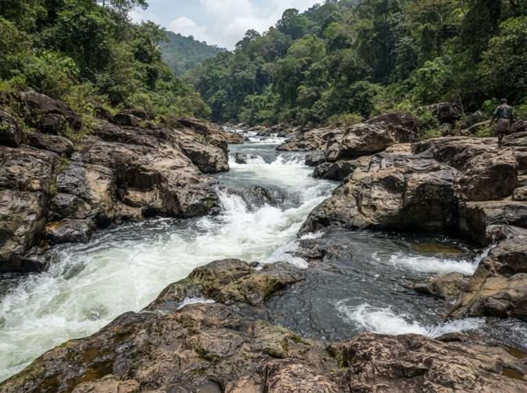 The Periyar river squeezing through granite rocks into white rapids and rock pools, Paniyeli Poru, India