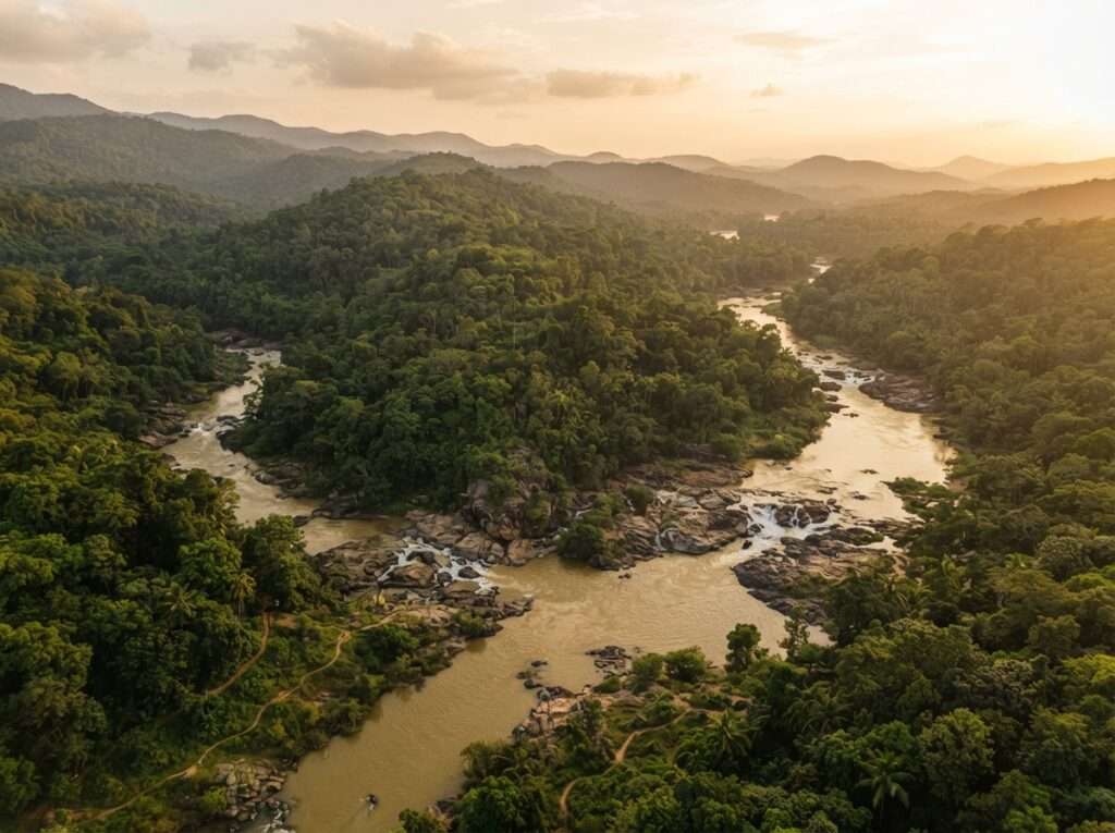 Aerial view of Paniyeli Poru, India, at golden hour