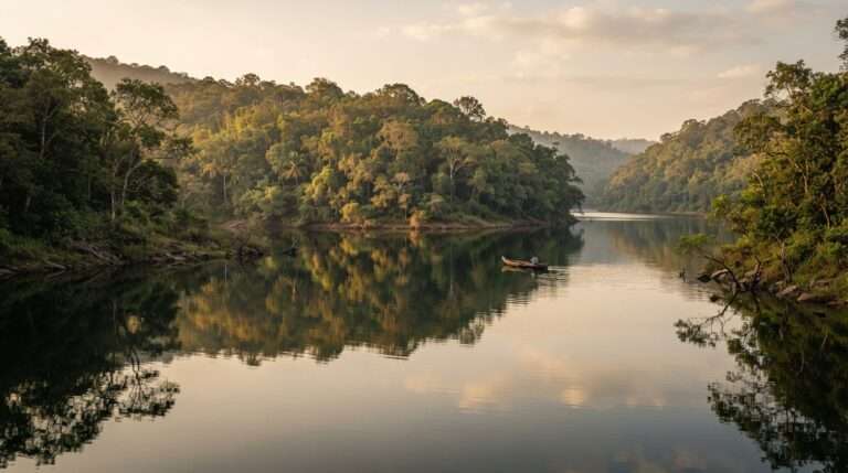 Golden-hour reflection of the surrounding forest on the still reservoir water, Bhoothathankettu Dam, India