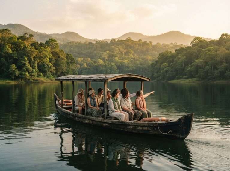 Visitors taking a boat ride out across the calm reservoir, Bhoothathankettu Dam, India