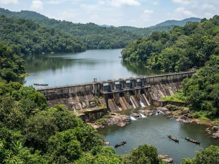 A forest-ringed reservoir held back by the Bhoothathankettu dam on the Periyar, Bhoothathankettu Dam, India