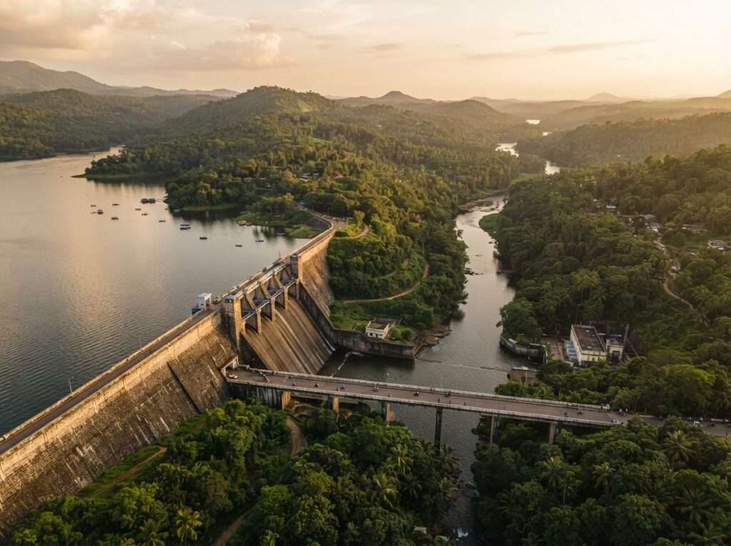 Aerial view of Bhoothathankettu Dam, India, at golden hour