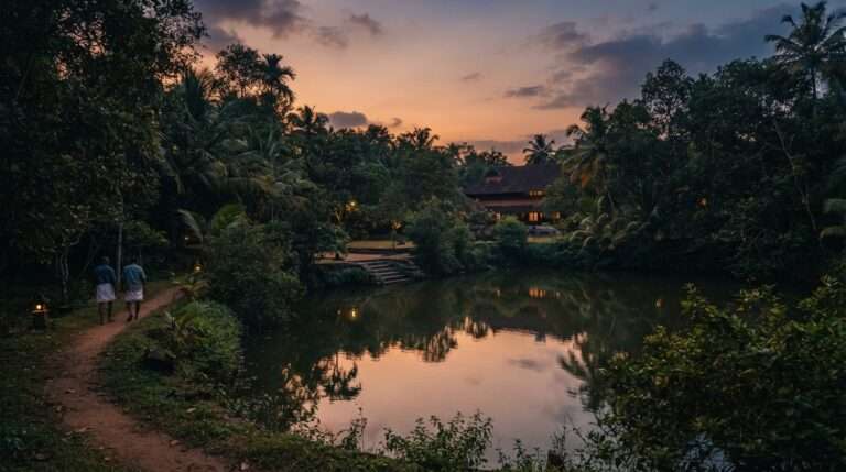 Warm dusk light over the quiet pond and trees, Nagancheri Mana Park, India