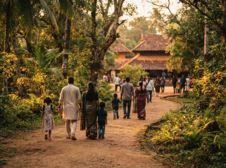 Families strolling the park's walking tracks in the evening, Nagancheri Mana Park, India