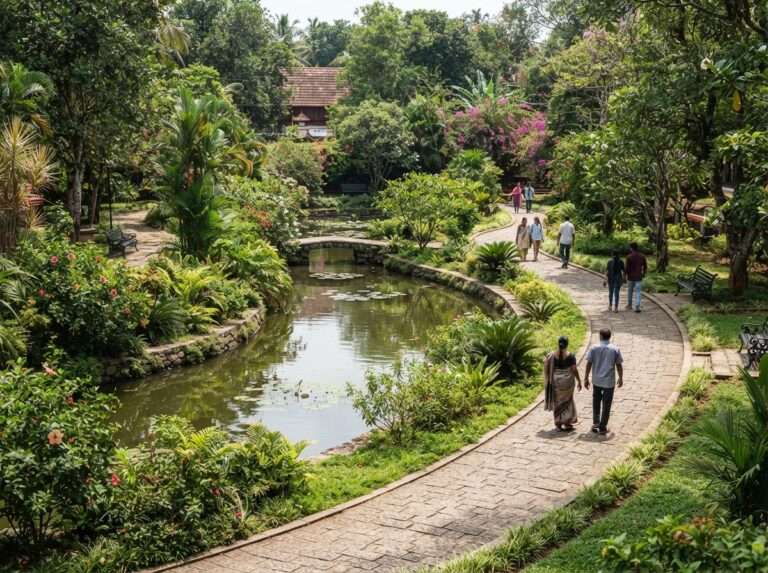 A landscaped town park with walking tracks and a small tree-fringed pond, Nagancheri Mana Park, India