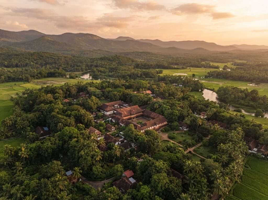 Aerial view of Nagancheri Mana Park, India, at golden hour