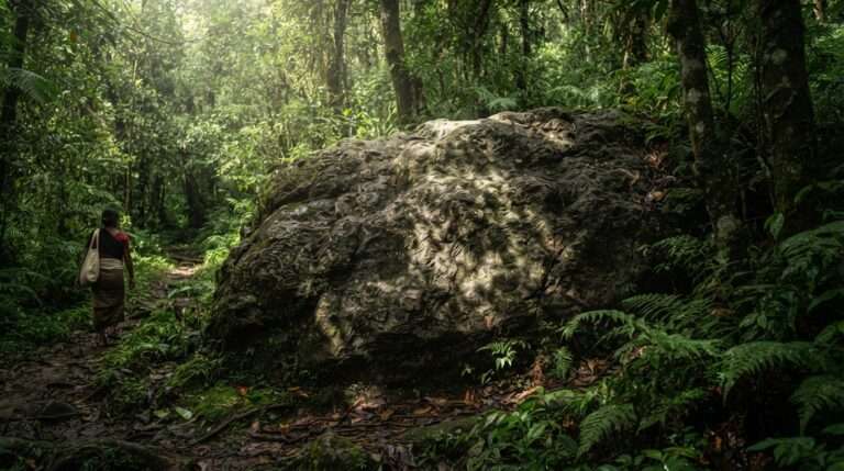 Dappled late-morning forest light falling on the musical rock, Manipara Musical Rock, India