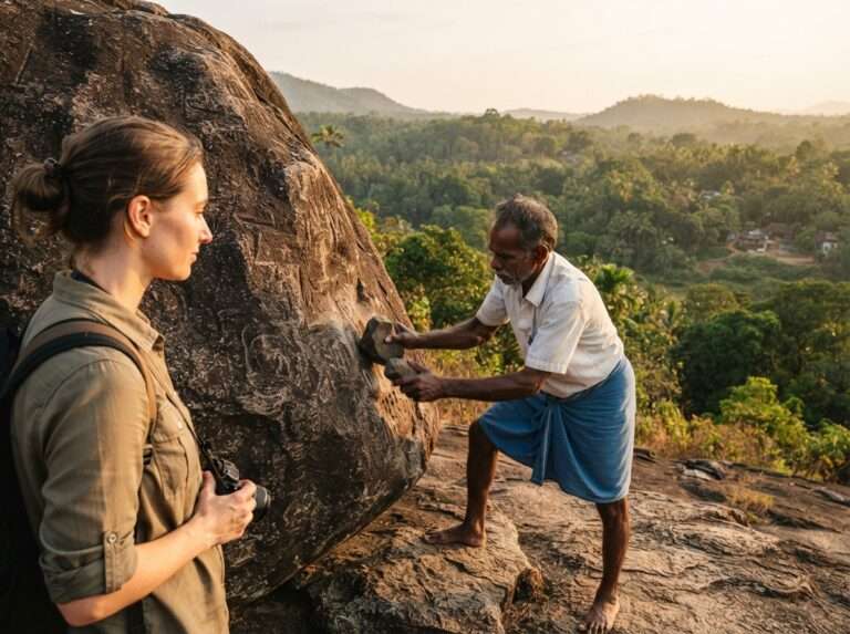 A local striking the rock with a smaller stone while a traveller watches, Manipara Musical Rock, India