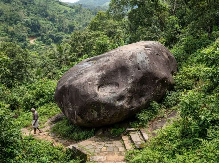 A large smooth boulder on a green forested hillside near Rayamangalam, the belling rock, Manipara Musical Rock, India