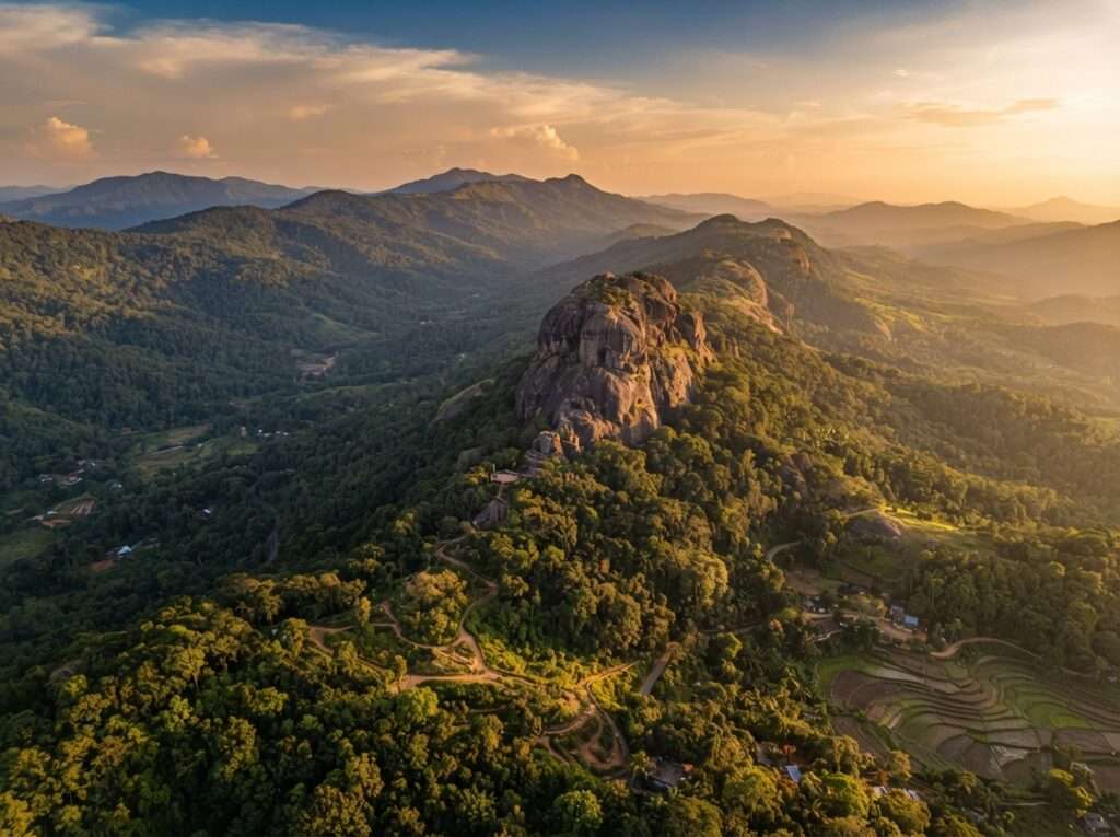 Aerial view of Manipara Musical Rock, India, at golden hour