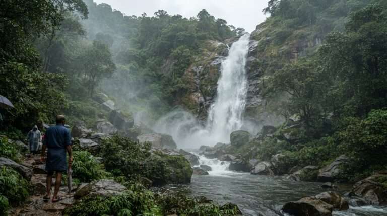 Fine misty spray at the foot of the falls under soft overcast light, Areekkal Waterfalls, India
