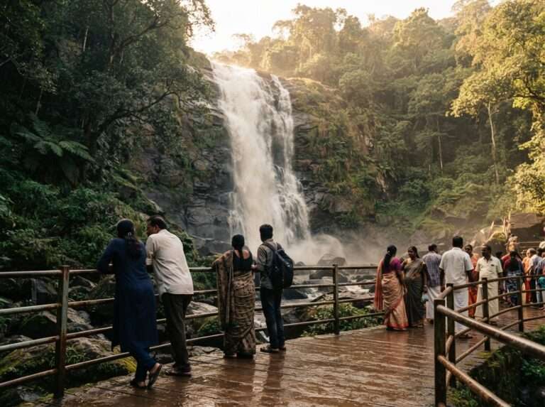 Visitors viewing the falls from a railed walkway at the base, Areekkal Waterfalls, India