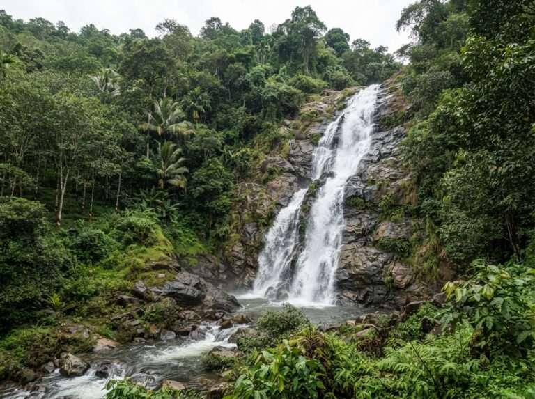 A roughly 100-foot waterfall cascading through forest and rubber plantation, Areekkal Waterfalls, India