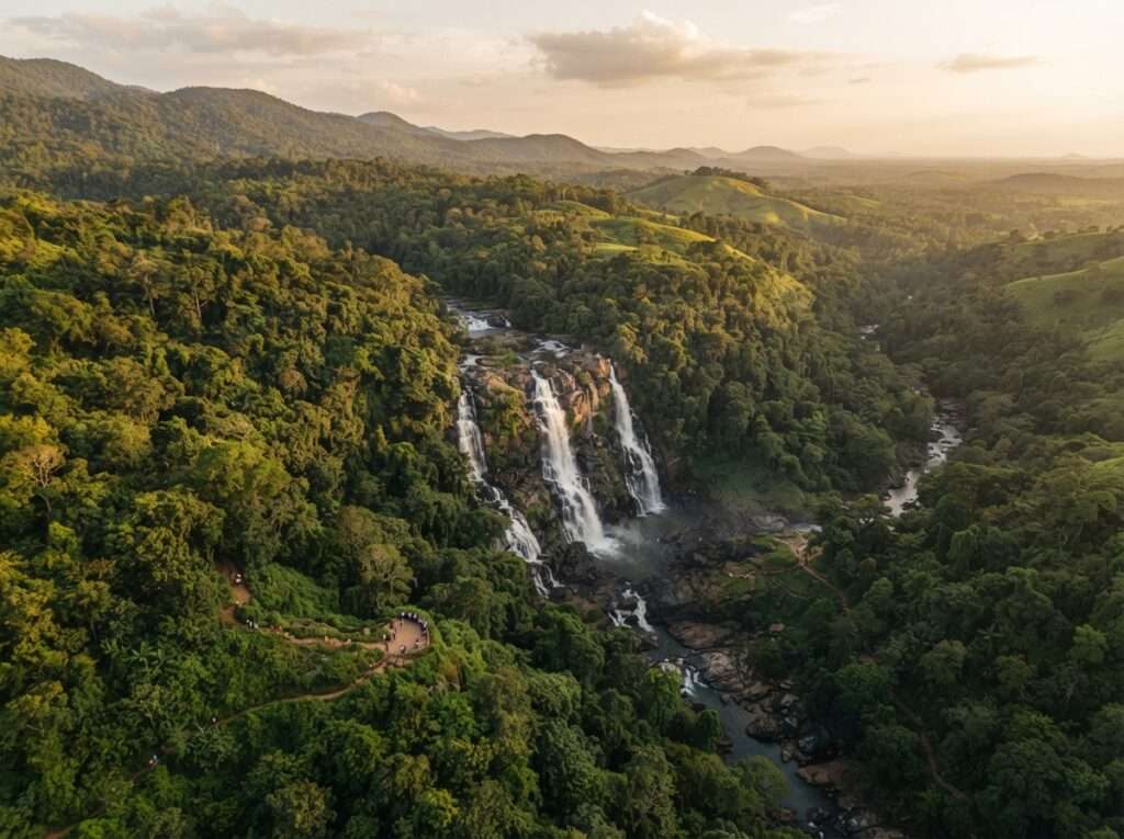 Aerial view of Areekkal Waterfalls, India, at golden hour