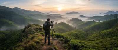 Photographer at sunrise above misty Munnar tea gardens, one of the best photoshoot places in Kerala