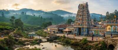 Seetha Amman temple and stream below the misty Nuwara Eliya tea hills on the Ramayana trail, Sri Lanka