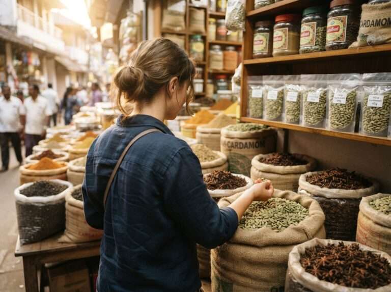 Traveller buying green cardamom at a Kumily Road spice shop, Kerala