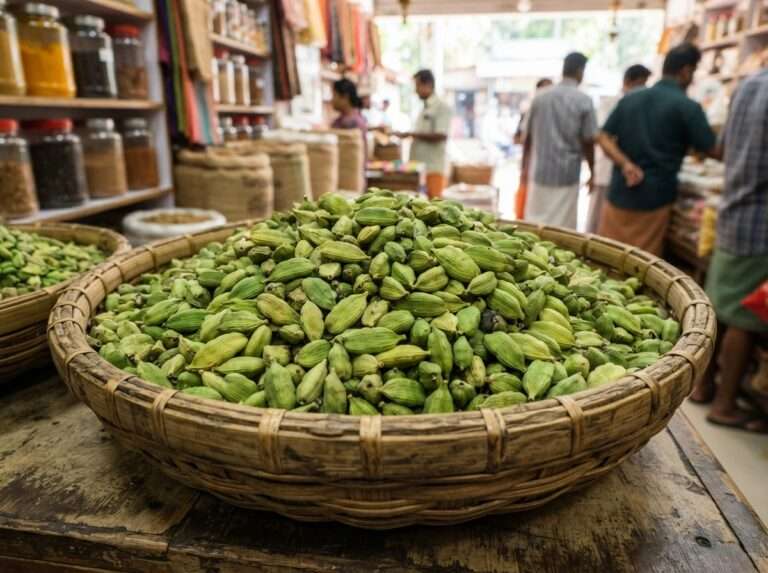 Bold green cardamom pods in a basket at a Kumily Road spice shop, Kerala
