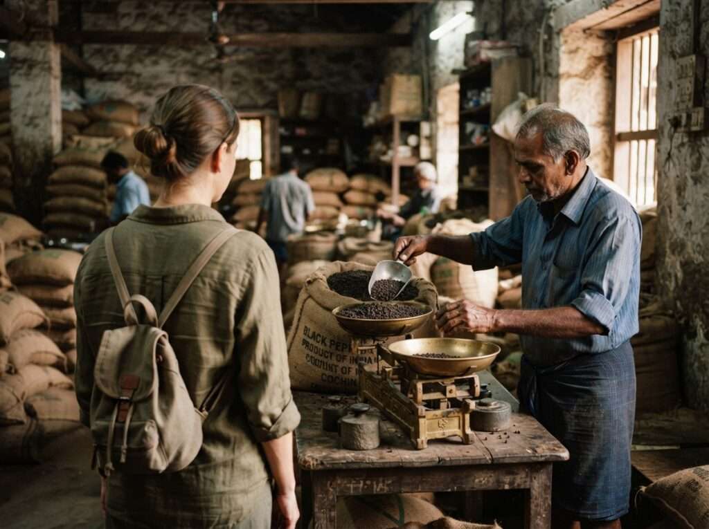 Trader weighing black pepper at a Mattancherry spice godown, Kerala