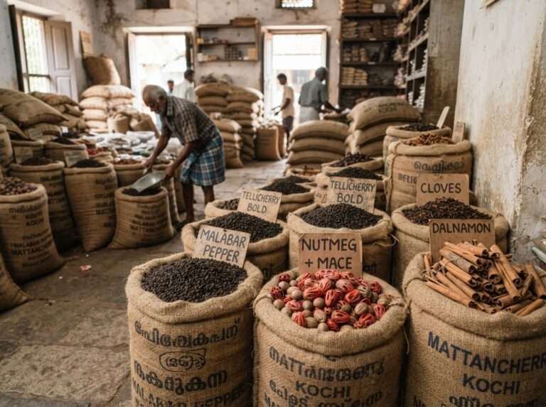 Black pepper, nutmeg, cloves and cinnamon at a Mattancherry spice godown, Kerala