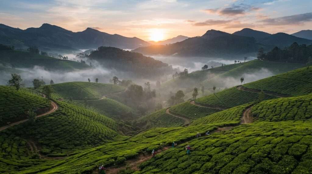 Alt: Munnar tea estates in sunrise mist, Kerala