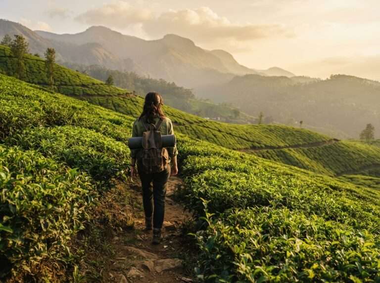 Traveller walking through Munnar tea gardens, Kerala