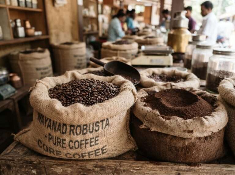 Roasted Wayanad robusta coffee beans at an estate shop, Kerala