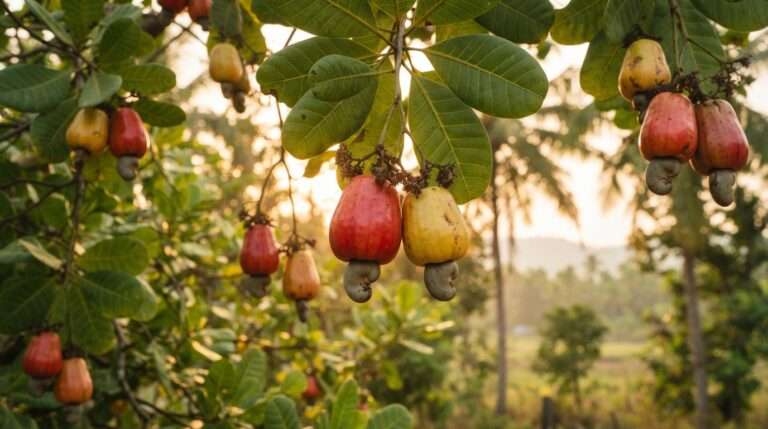Cashew apples on a tree in Kollam district, Kerala