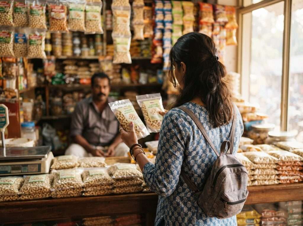 Shopper choosing cashew packs at a Kollam outlet, Kerala