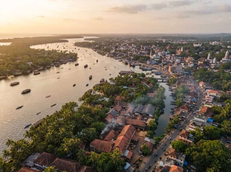 Kollam town on Ashtamudi Lake, India's cashew capital, Kerala