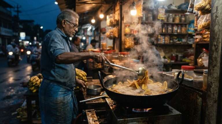 Fresh banana chips in a Thrissur snack shop at dusk, Kerala