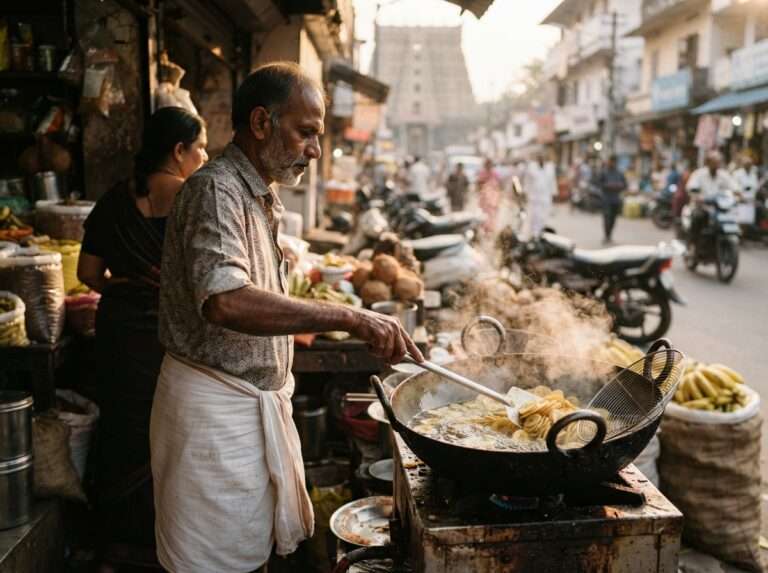 Banana chips fried in coconut oil at a Thrissur shop, Kerala