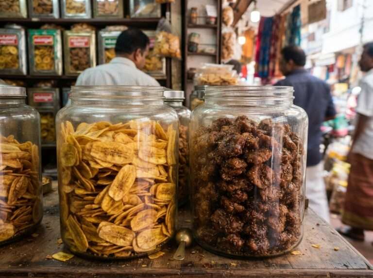 Banana chips and sharkara varatti in jars on Broadway, Kochi, Kerala