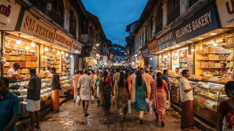 SM Street, Kozhikode lit up at dusk, Kerala