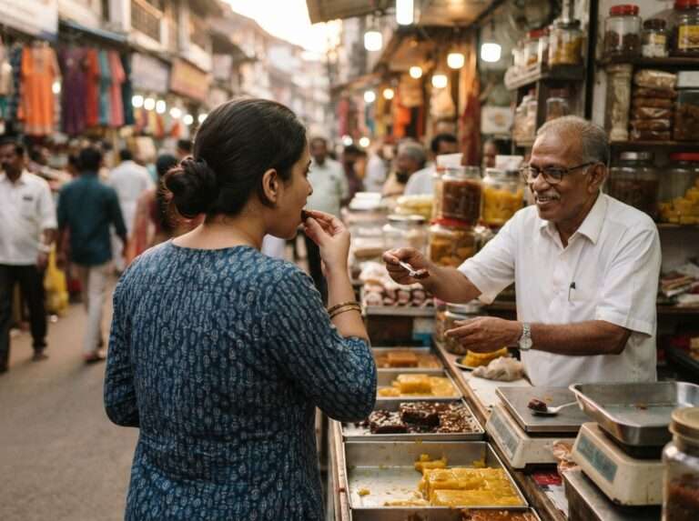 Shopper tasting halwa at an SM Street sweet shop, Kerala