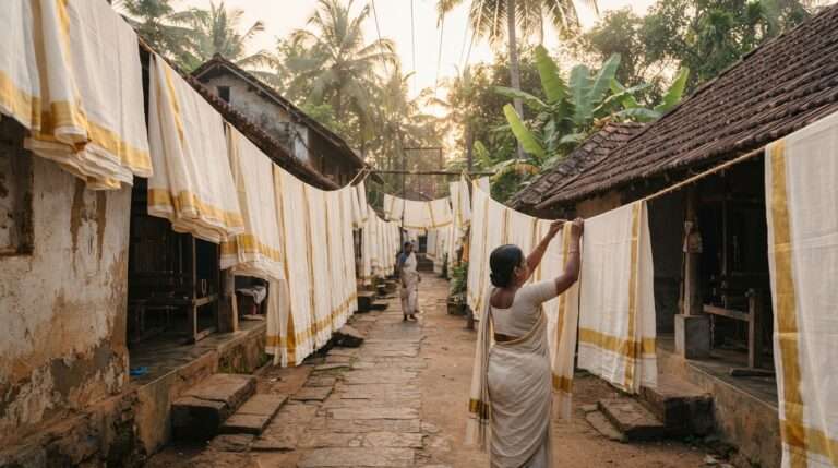 Kasavu cloth drying in a Balaramapuram weaving lane, Kerala