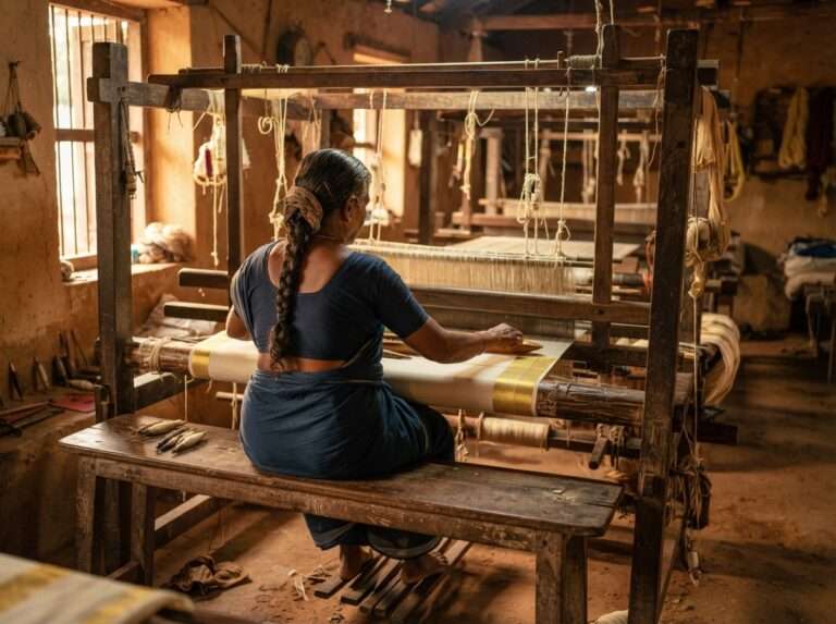 Weaver at a handloom weaving a kasavu saree, Balaramapuram, Kerala