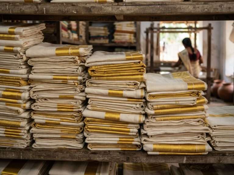 Kasavu sarees and set mundu with gold zari borders, Kerala