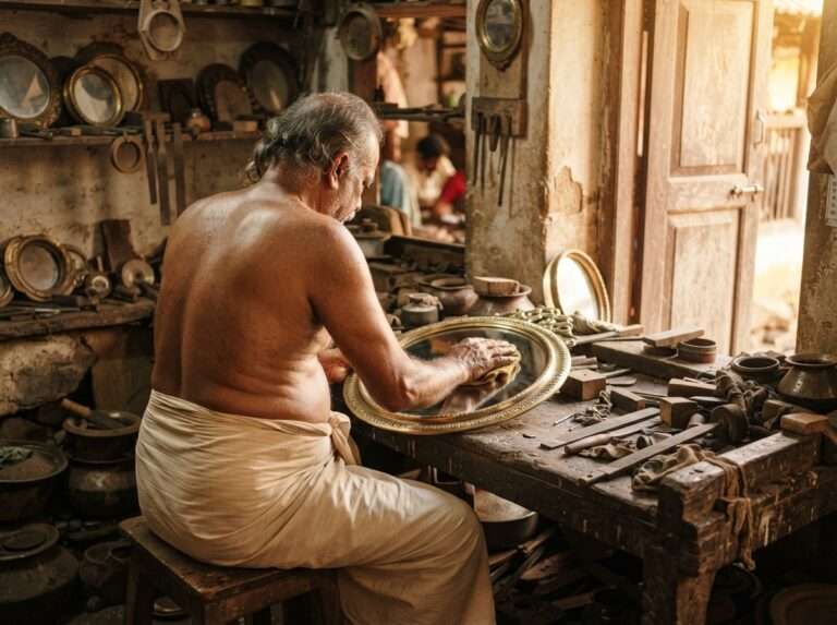 Craftsman polishing an Aranmula Kannadi metal mirror, Kerala