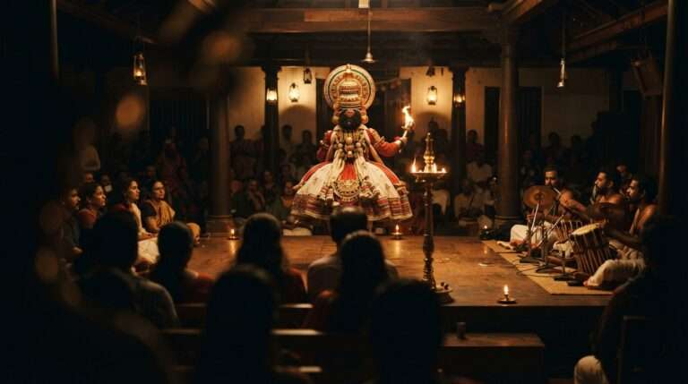 Kathakali performance on a lamp-lit stage, Fort Kochi, Kerala