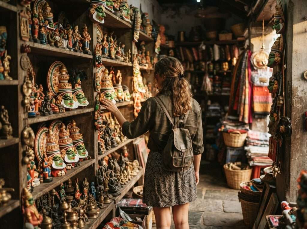Traveller browsing Kathakali figurines in Fort Kochi, Kerala