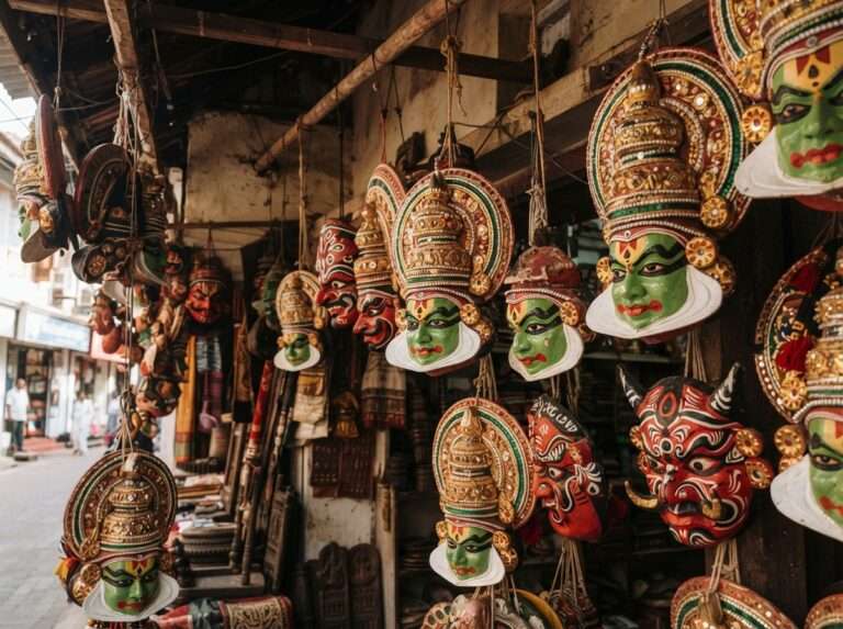 Painted Kathakali masks in a Princess Street shop, Fort Kochi, Kerala