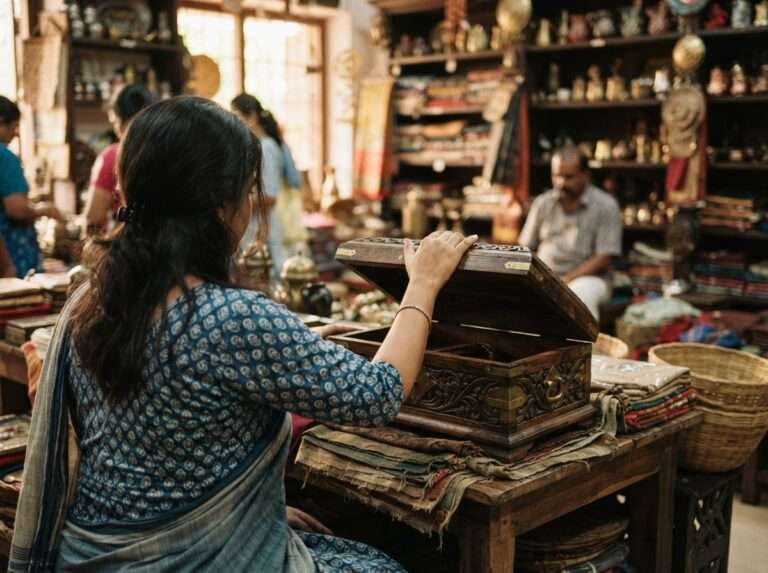 Shopper opening a jackfruit-wood Nettur Petti, Kerala