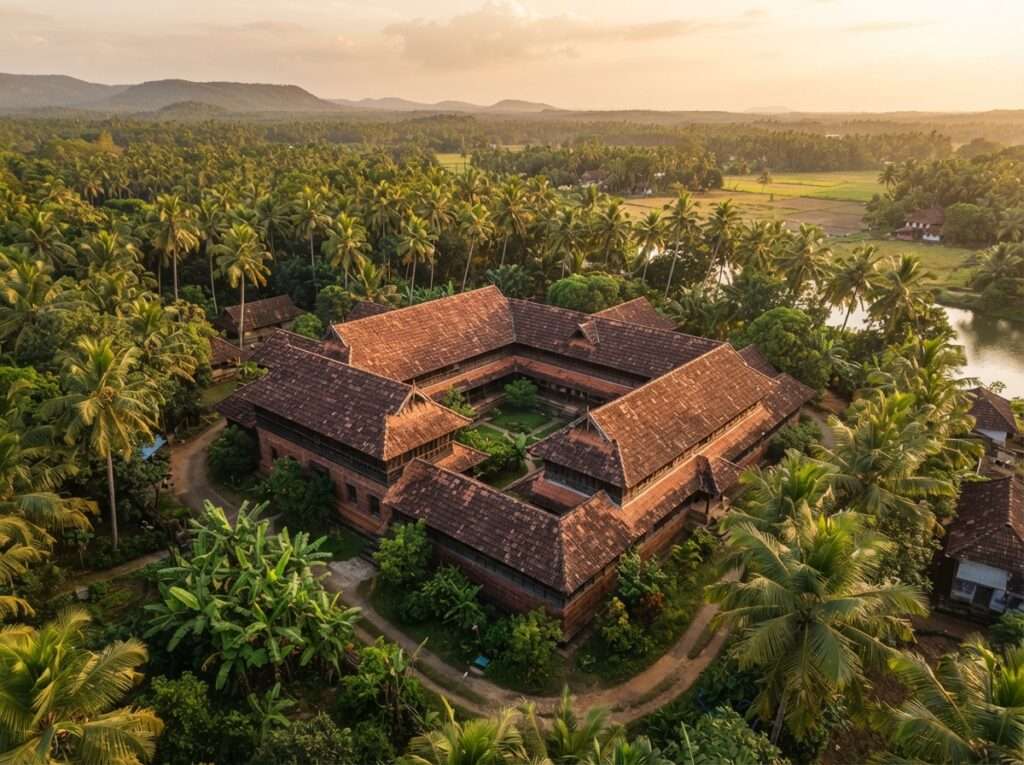 Traditional Kerala tharavad house with sloping tiled roofs